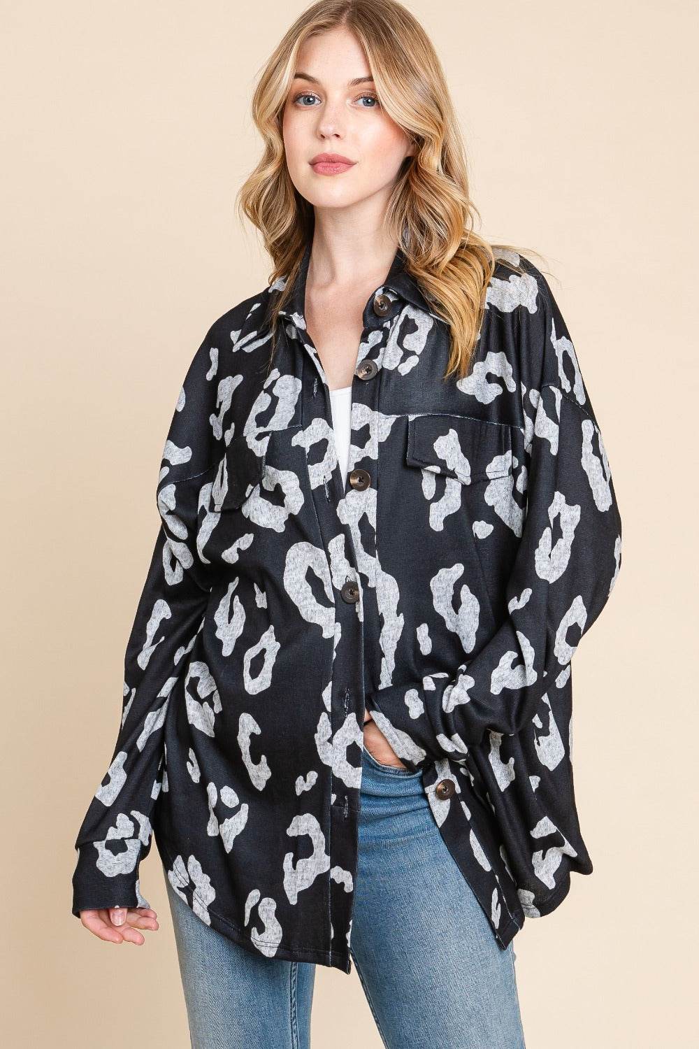 BOMBOM Animal Print Button Up Knit Shacket - Delanoir
