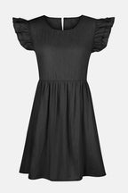 Full Size Ruffled Round Neck Cap Sleeve Denim Dress - Delanoir