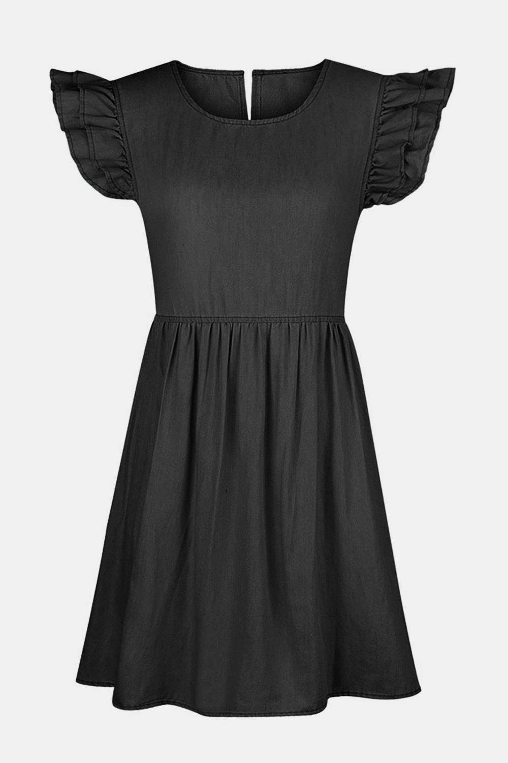 Full Size Ruffled Round Neck Cap Sleeve Denim Dress - Delanoir
