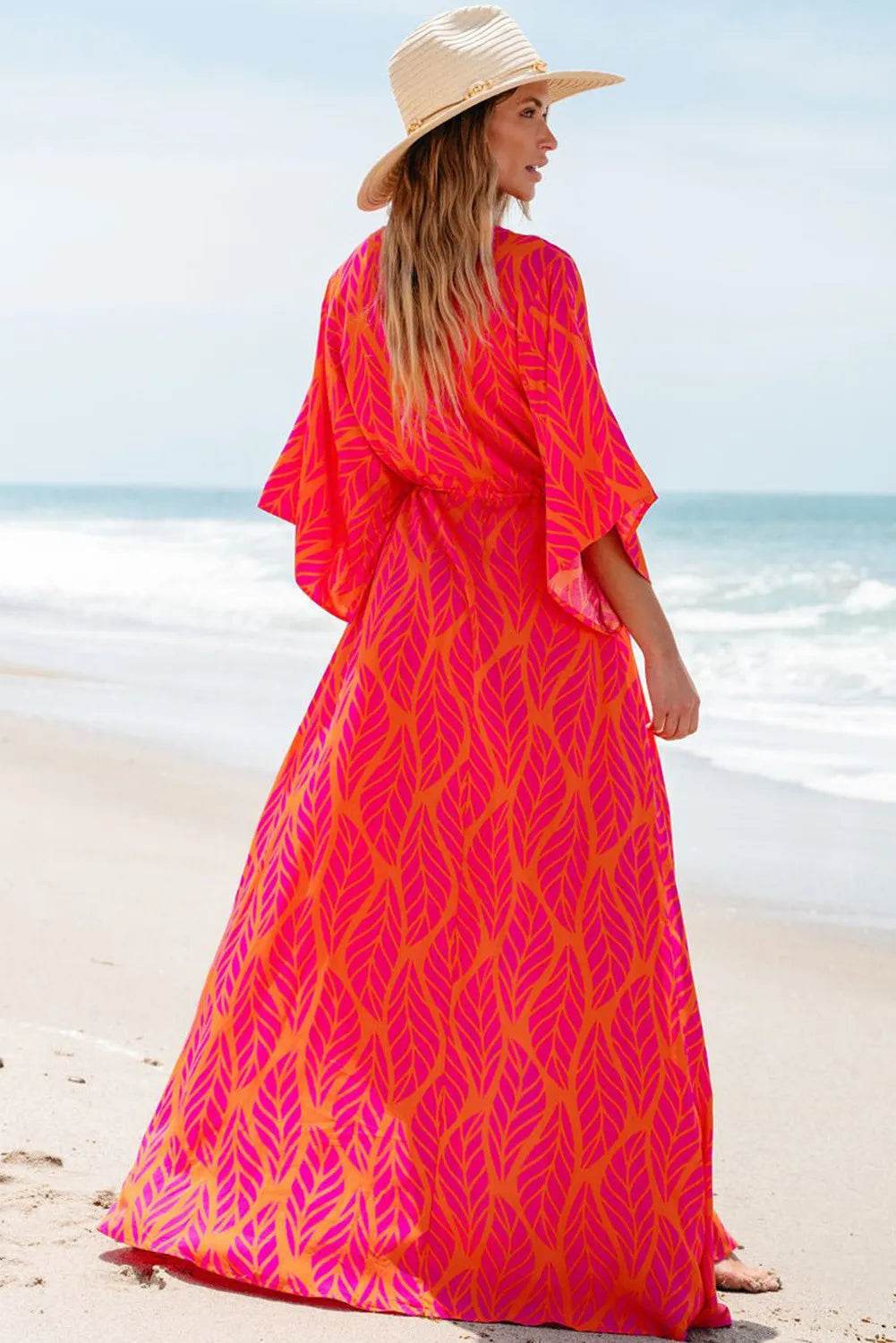 Drawstring Printed V-Neck Maxi Dress - Delanoir