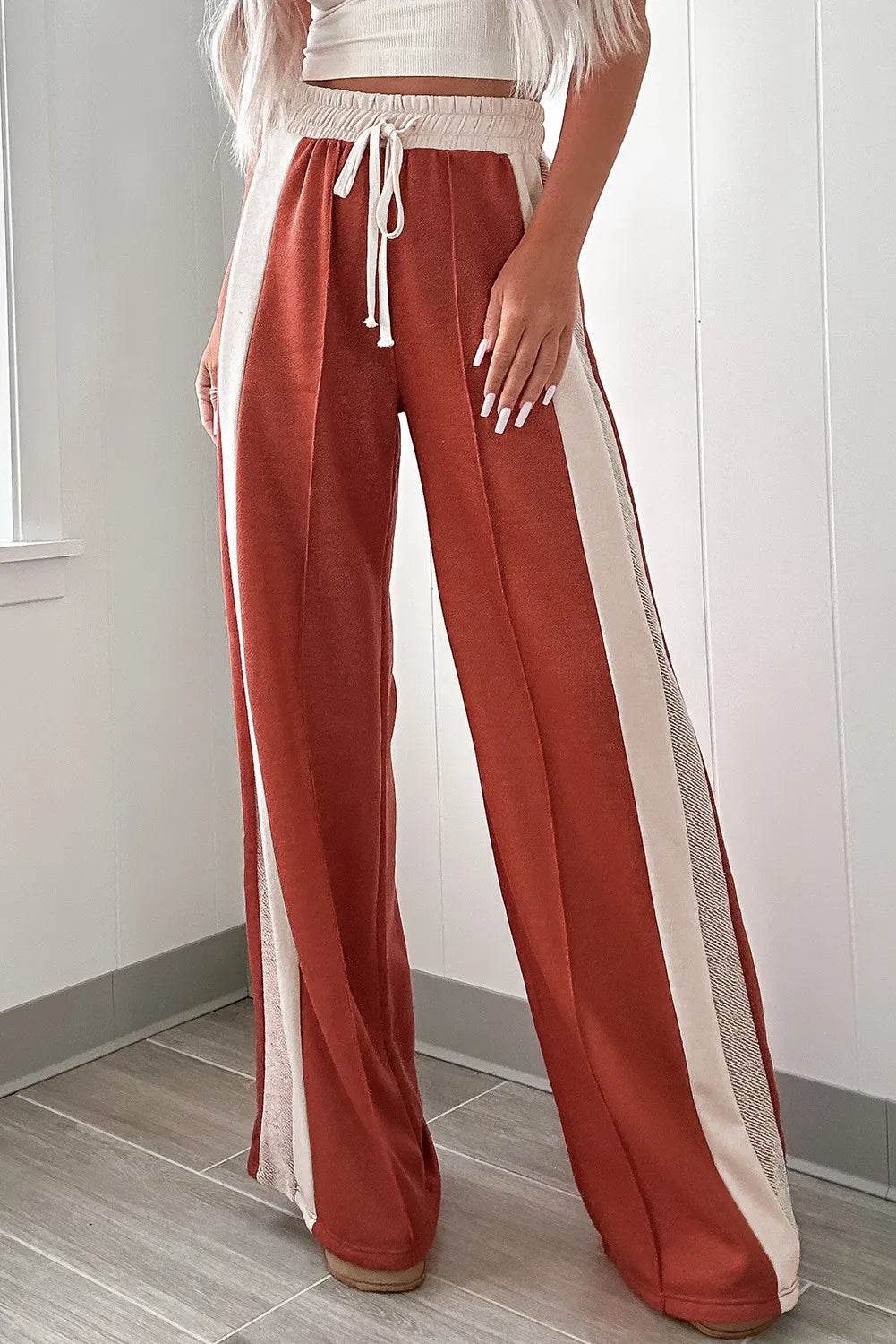 Drawstring Contrast Wide Leg Pants - Delanoir