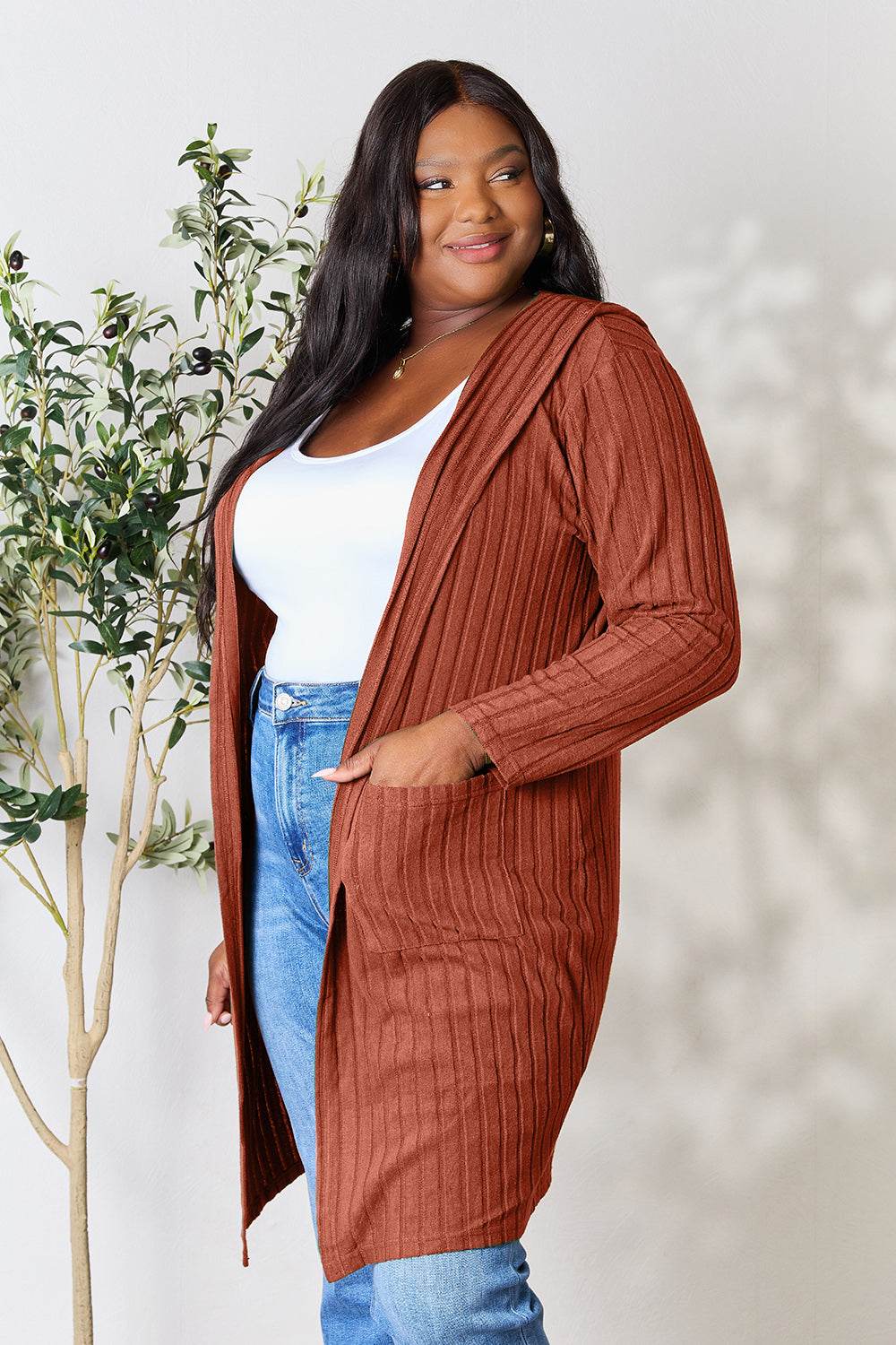 Basic Bae Full Size Hooded Sweater Cardigan - Delanoir