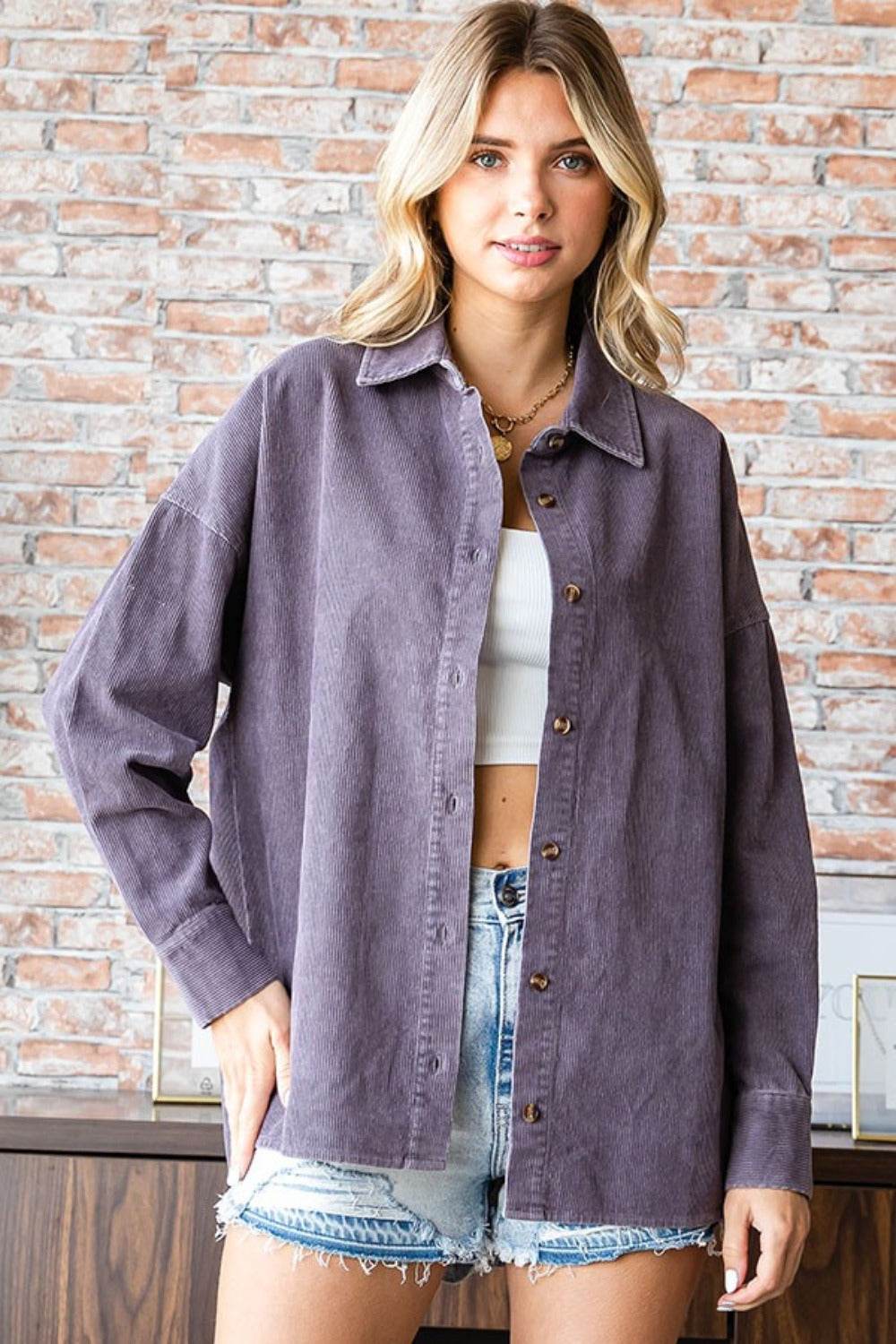 First Love Washed Corduroy Button Down Long Sleeve Shirt - Delanoir