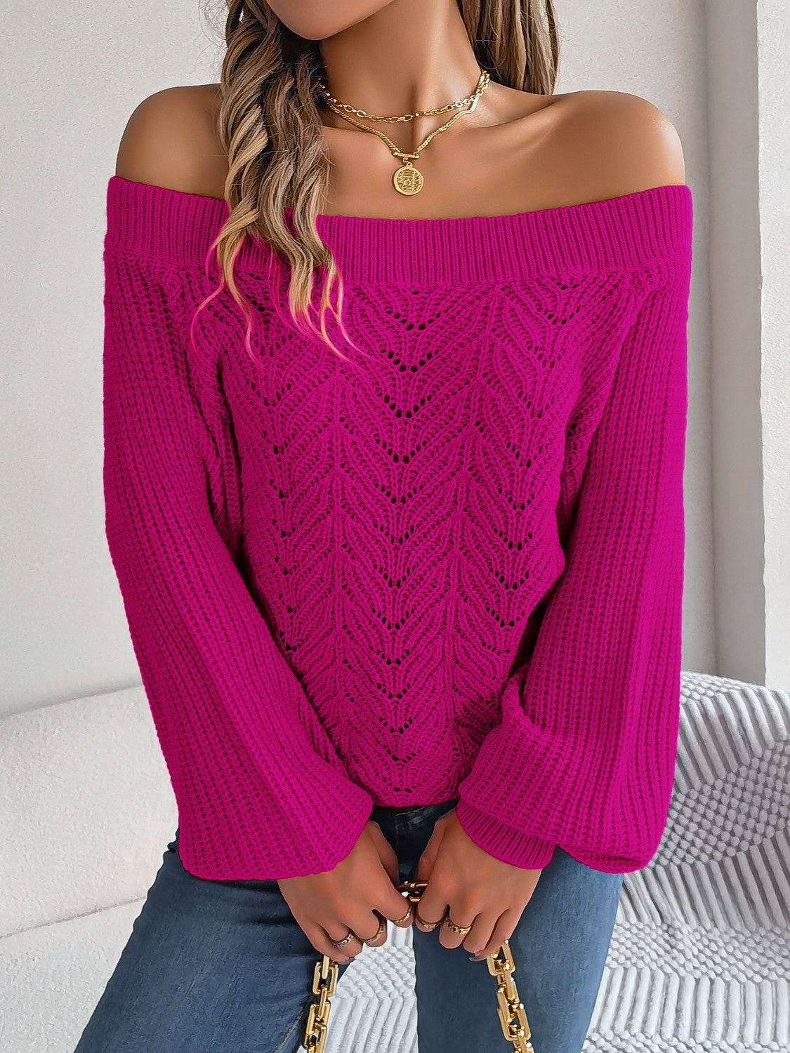 Openwork Off-Shoulder Long Sleeve Sweater - Delanoir