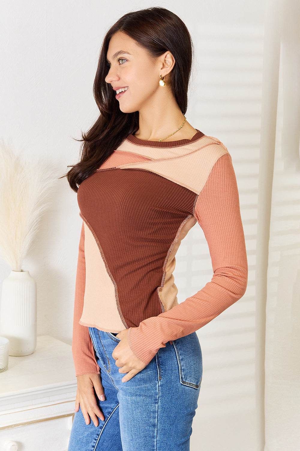Double Take Color Block Exposed Seam Long Sleeve Top - Delanoir