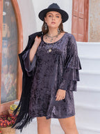 Plus Size Round Neck Flounce Sleeve Mini Dress - Delanoir