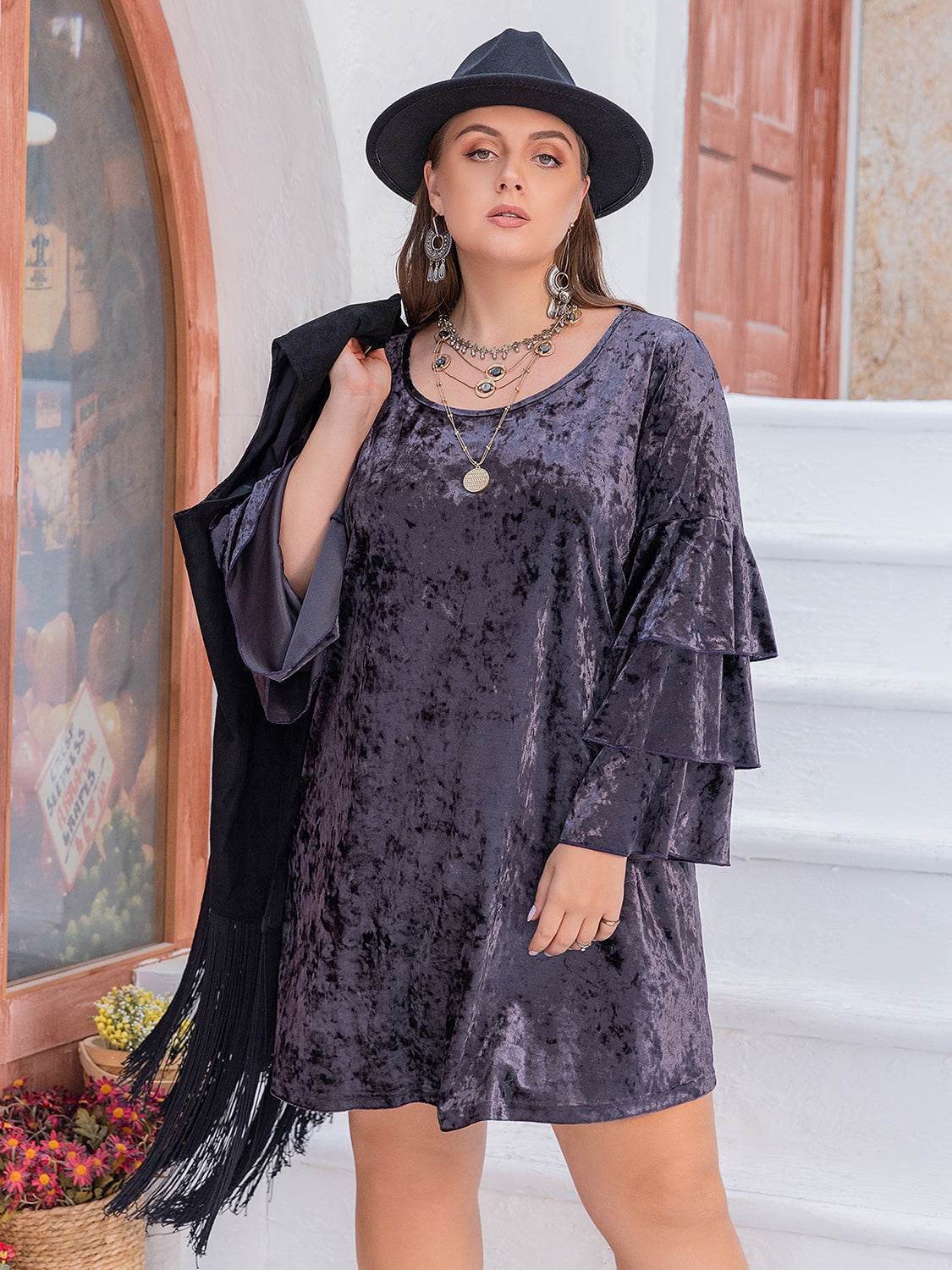 Plus Size Round Neck Flounce Sleeve Mini Dress - Delanoir