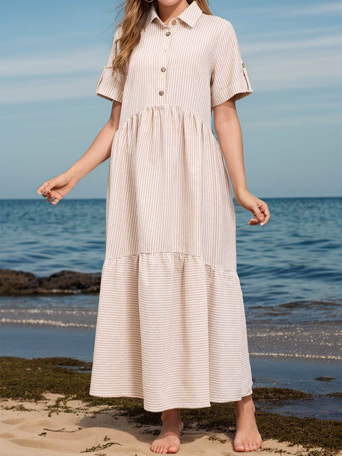 Striped Collared Neck Short Sleeve Dress - Delanoir