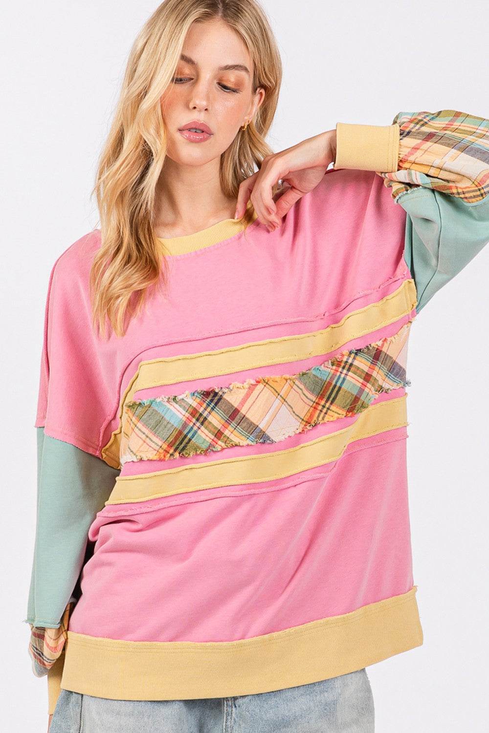 SAGE + FIG Mineral Wash Raw Edge Color Block Sweatshirt - Delanoir