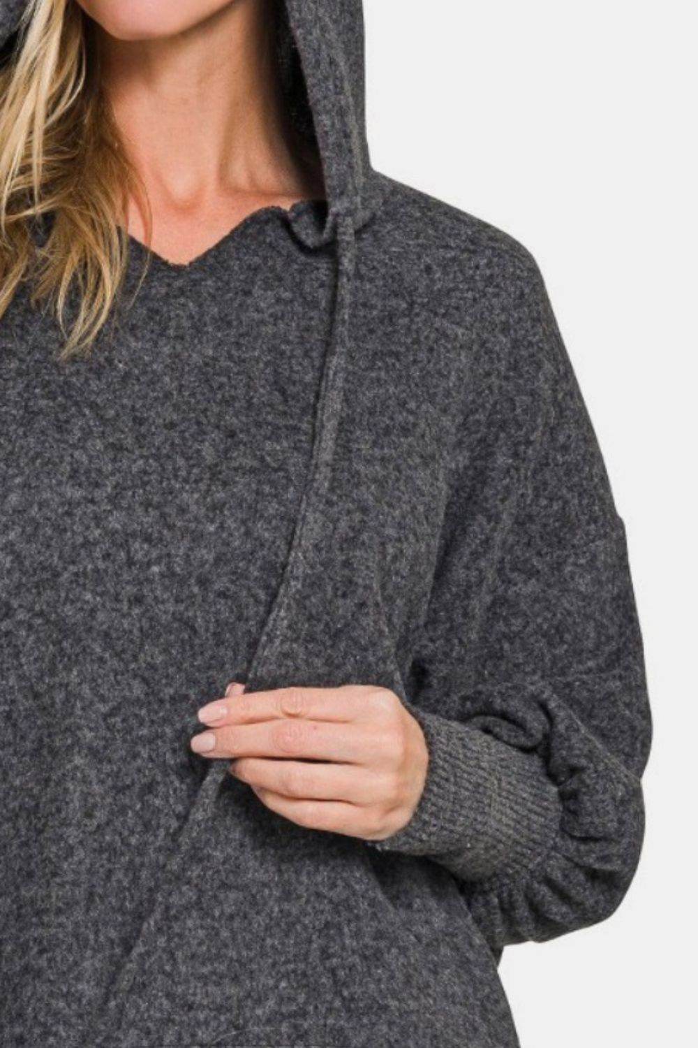 Zenana Brushed Hacci Drop Shoulder Cropped Hoodie - Delanoir