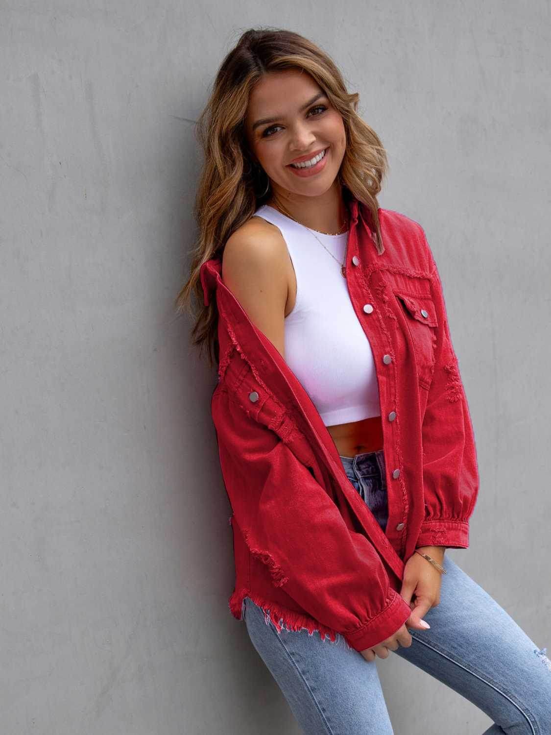 Distressed Drop Shoulder Denim Jacket - Delanoir