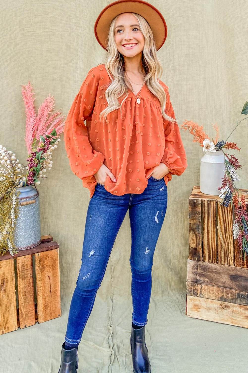 And The Why Swiss Dot V Neck Balloon Sleeve Woven Blouse - Delanoir