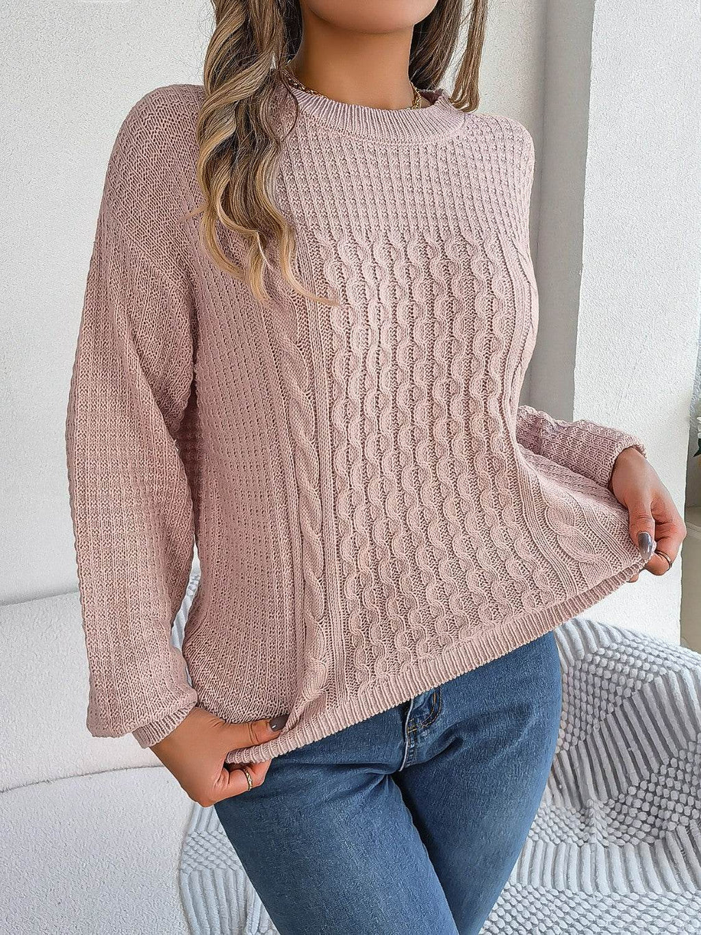 Cable-Knit Round Neck Long Sleeve Sweater - Delanoir