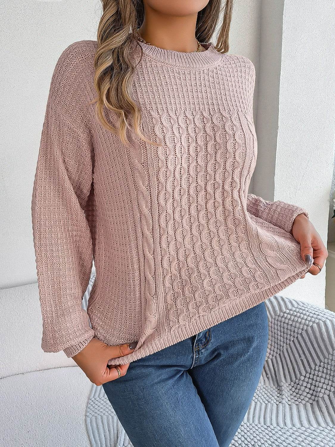 Cable-Knit Round Neck Long Sleeve Sweater - Delanoir