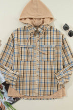Drawstring Waffle Knit Patchwork Hooded Plaid Shacket - Delanoir