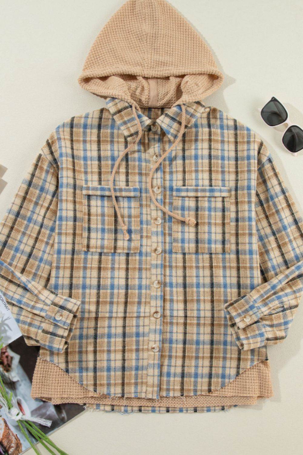 Drawstring Waffle Knit Patchwork Hooded Plaid Shacket - Delanoir