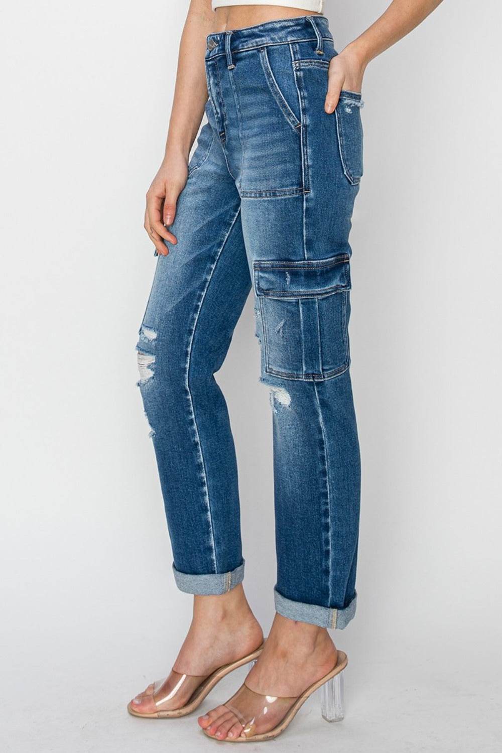 RISEN Full Size High Rise Cargo Ankle Roll Up Straight Jeans - Delanoir