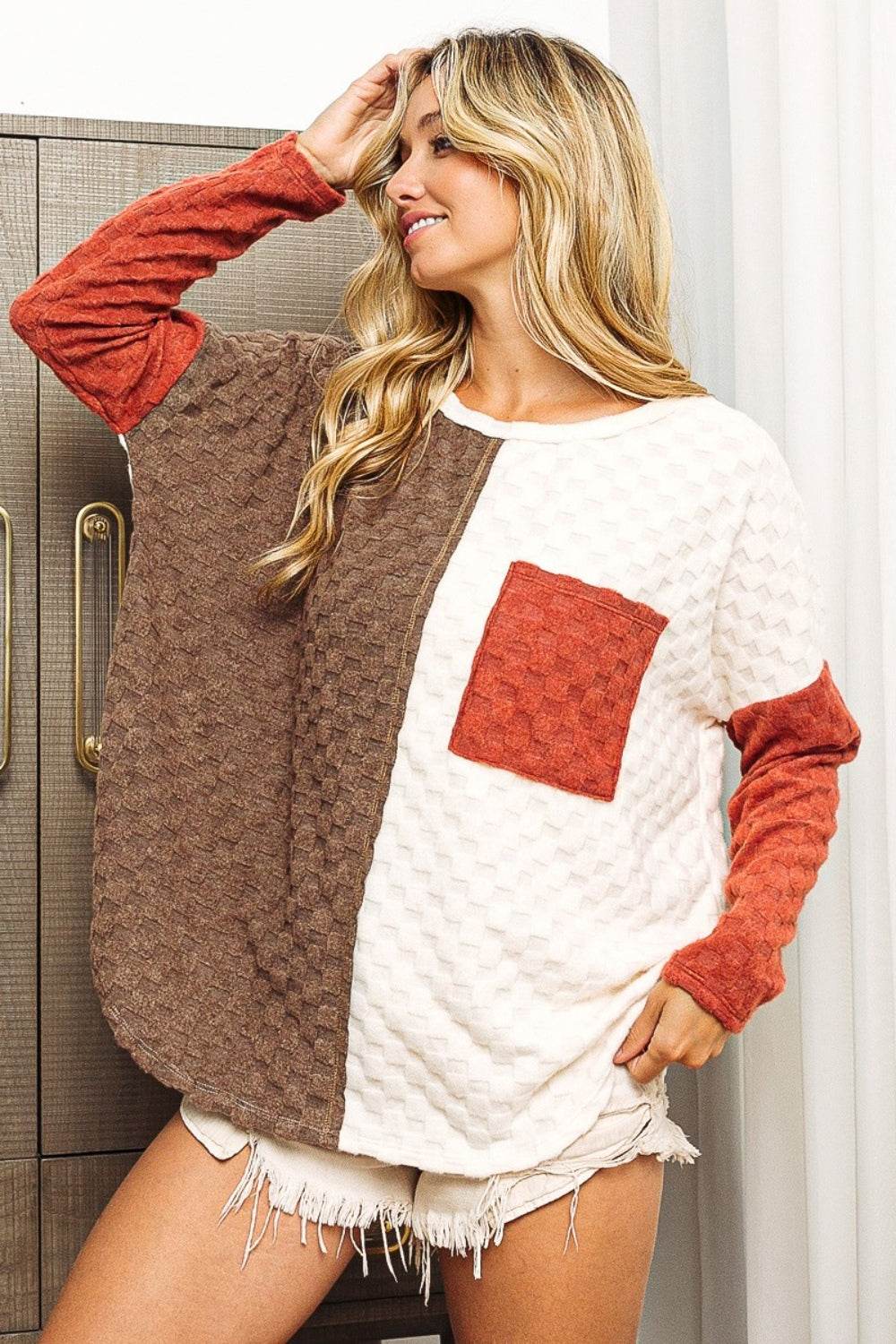BiBi Color Block Brushed Checker Top - Delanoir
