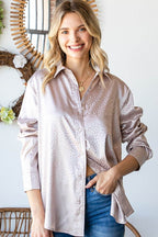 First Love Full Size Ditsy Dot Button Down Collared Satin Shirt - Delanoir
