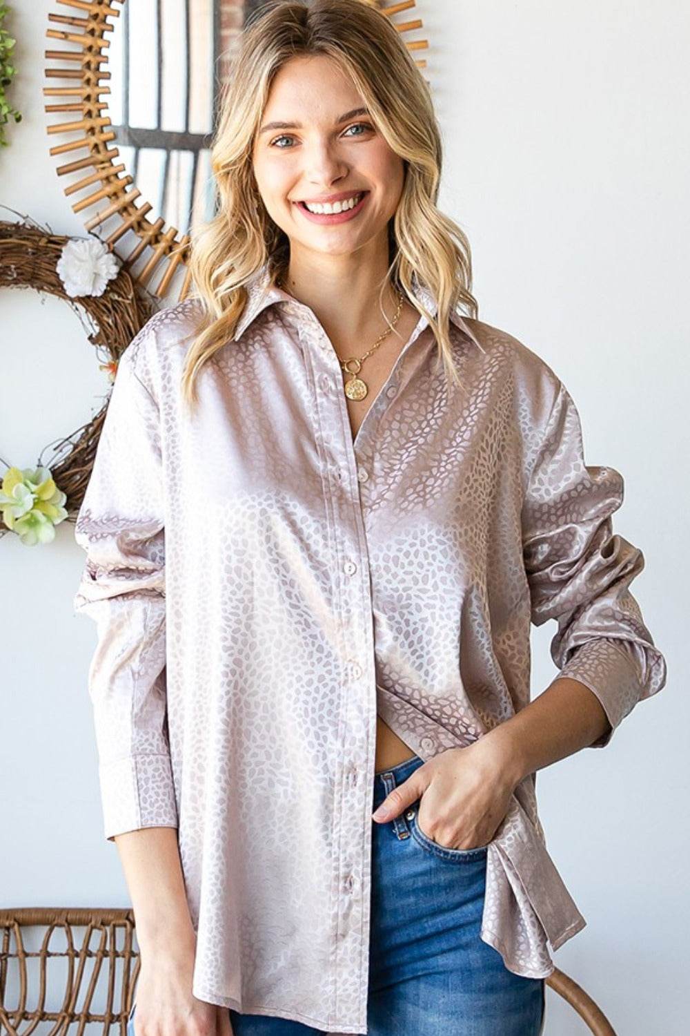 First Love Full Size Ditsy Dot Button Down Collared Satin Shirt - Delanoir