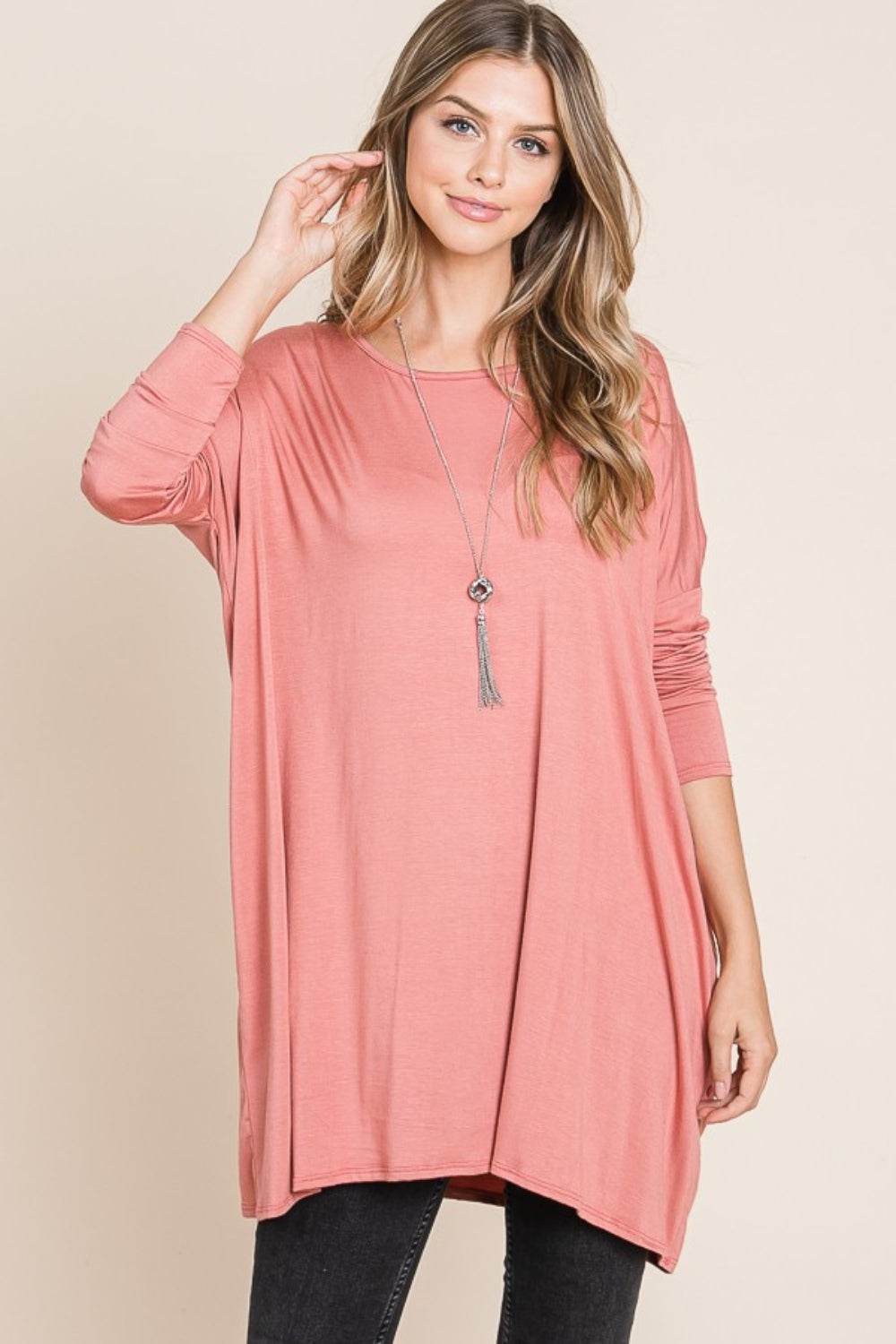 BOMBOM Round Neck Long Sleeve Oversized Top - Delanoir