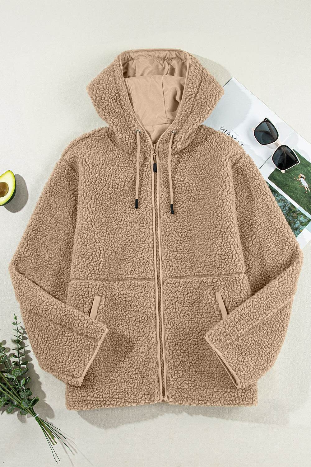 Drawstring Fleece Zip Up Hooded Jacket - Delanoir