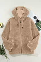 Drawstring Fleece Zip Up Hooded Jacket - Delanoir