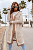Pocketed Contrast Long Sleeve Hooded Cardigan - Delanoir
