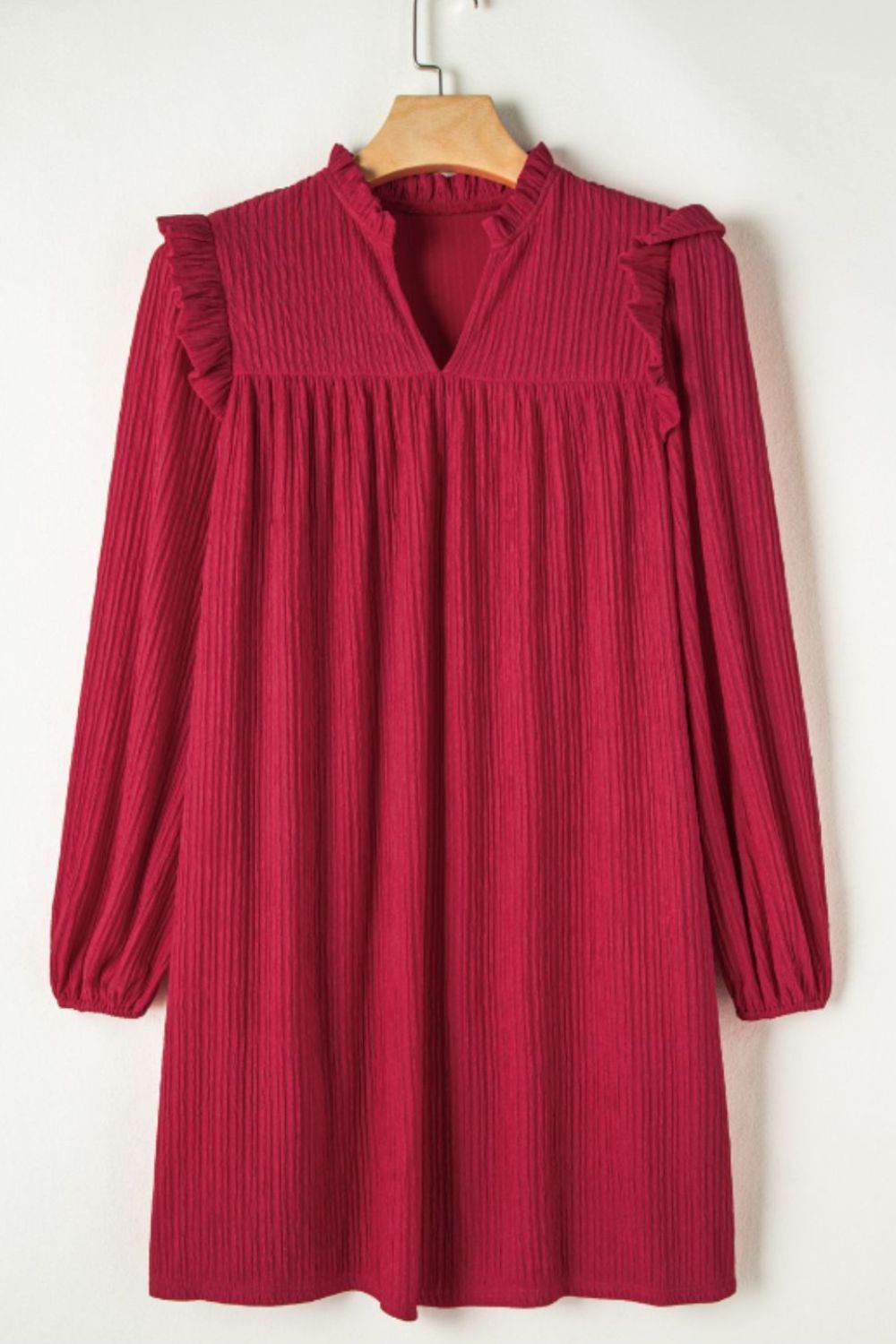 Frill Notched Long Sleeve Dress - Delanoir