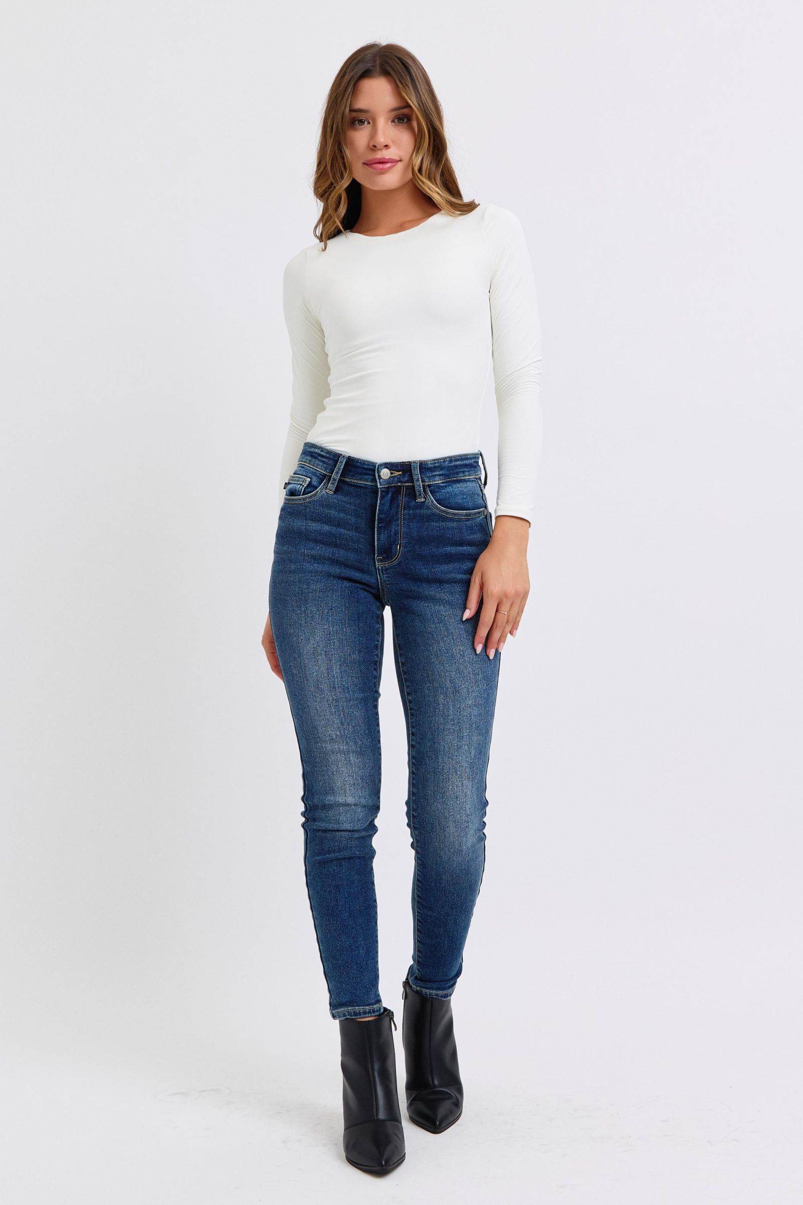 Judy Blue Full Size Run Mid-Rise Waist Skinny Jeans with Thermal Lining - Delanoir