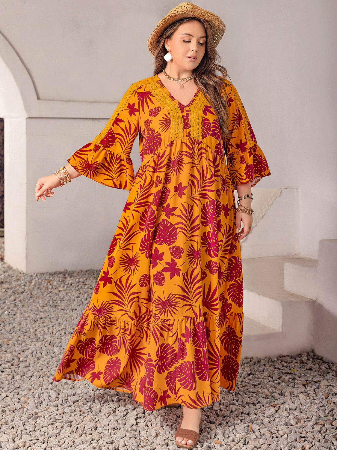 Plus Size Lace Detail Printed V-Neck Maxi Dress - Delanoir