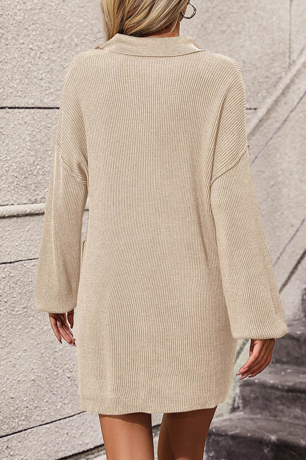 Collared Neck Long Sleeve Sweater Dress with Pockets - Delanoir