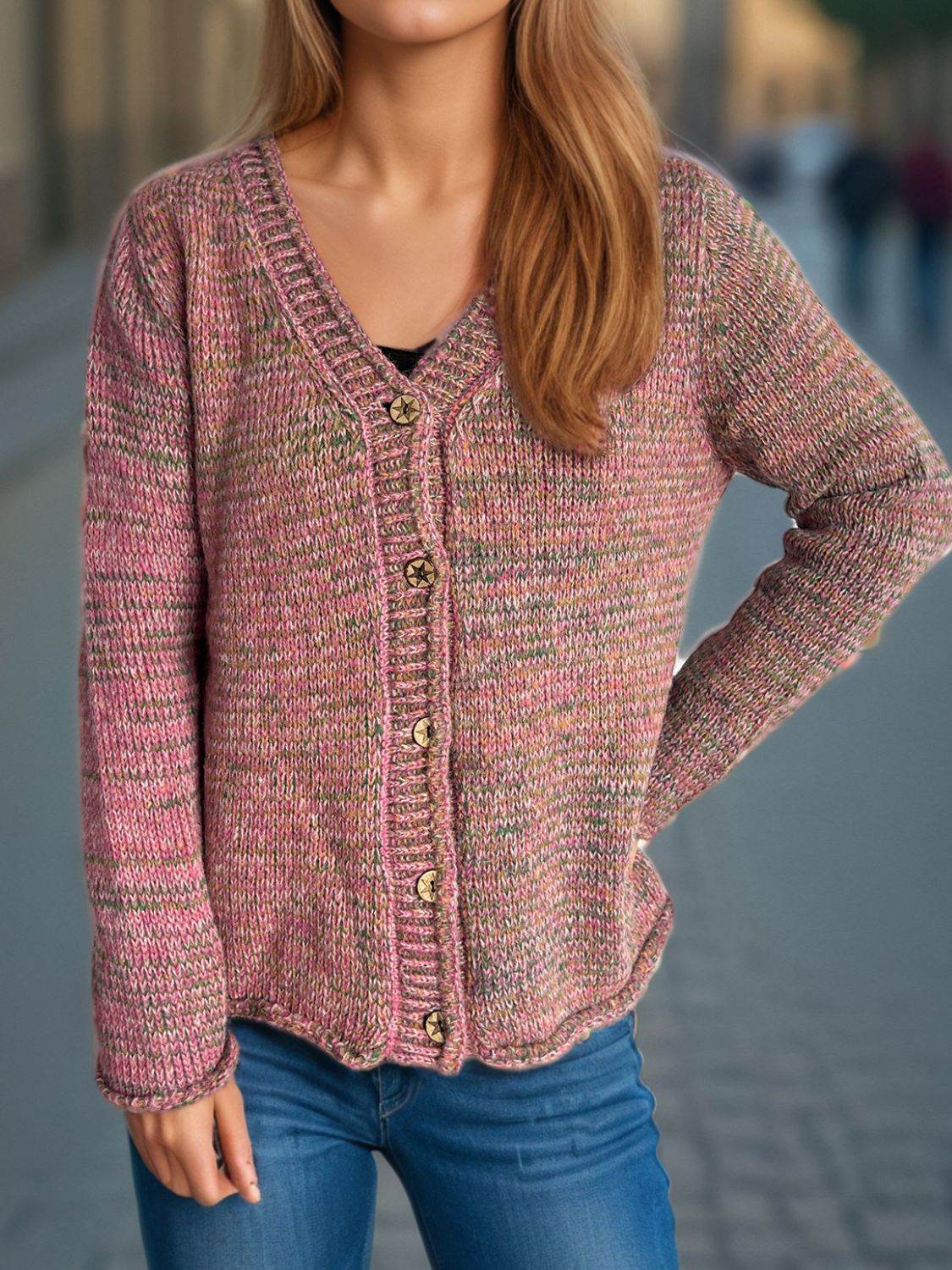 Heathered V-Neck Long Sleeve Cardigan - Delanoir