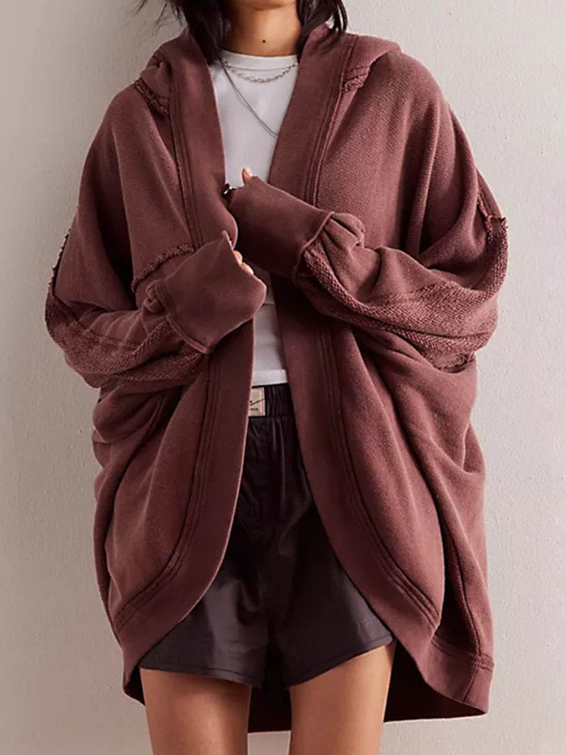 Exposed Seam Open Front Batwing Sleeve Hooded Cardigan - Delanoir