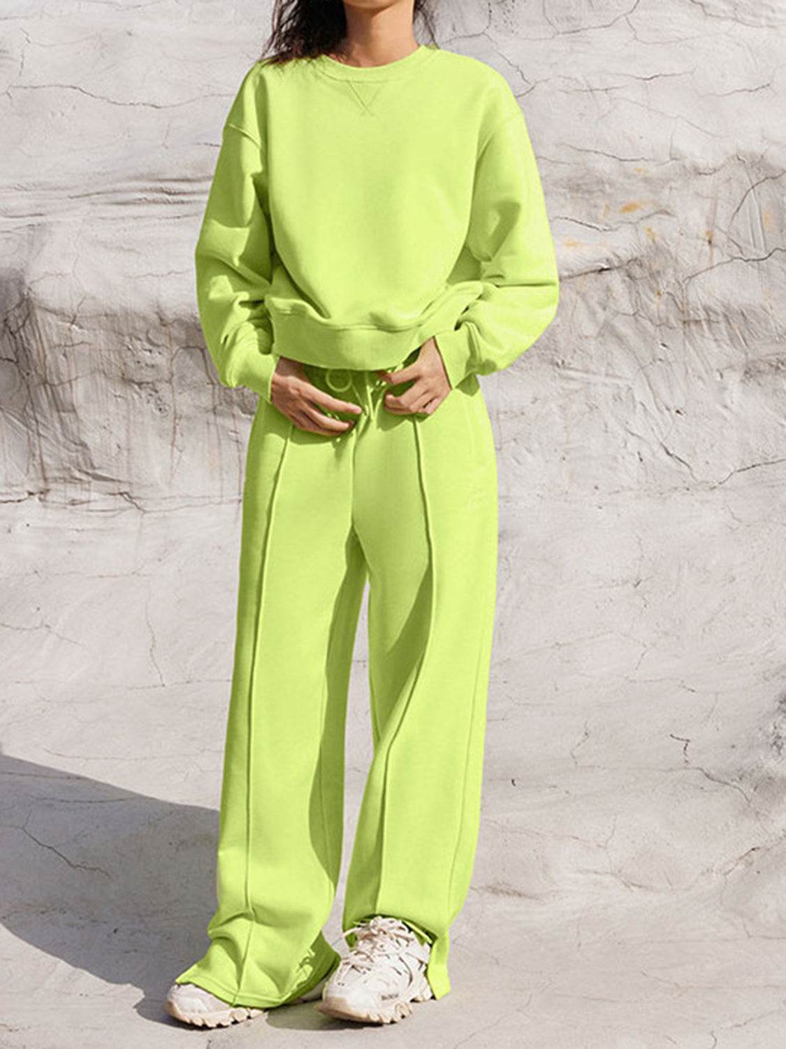 Round Neck Long Sleeve Top and Elastic Waist Pants Set - Delanoir