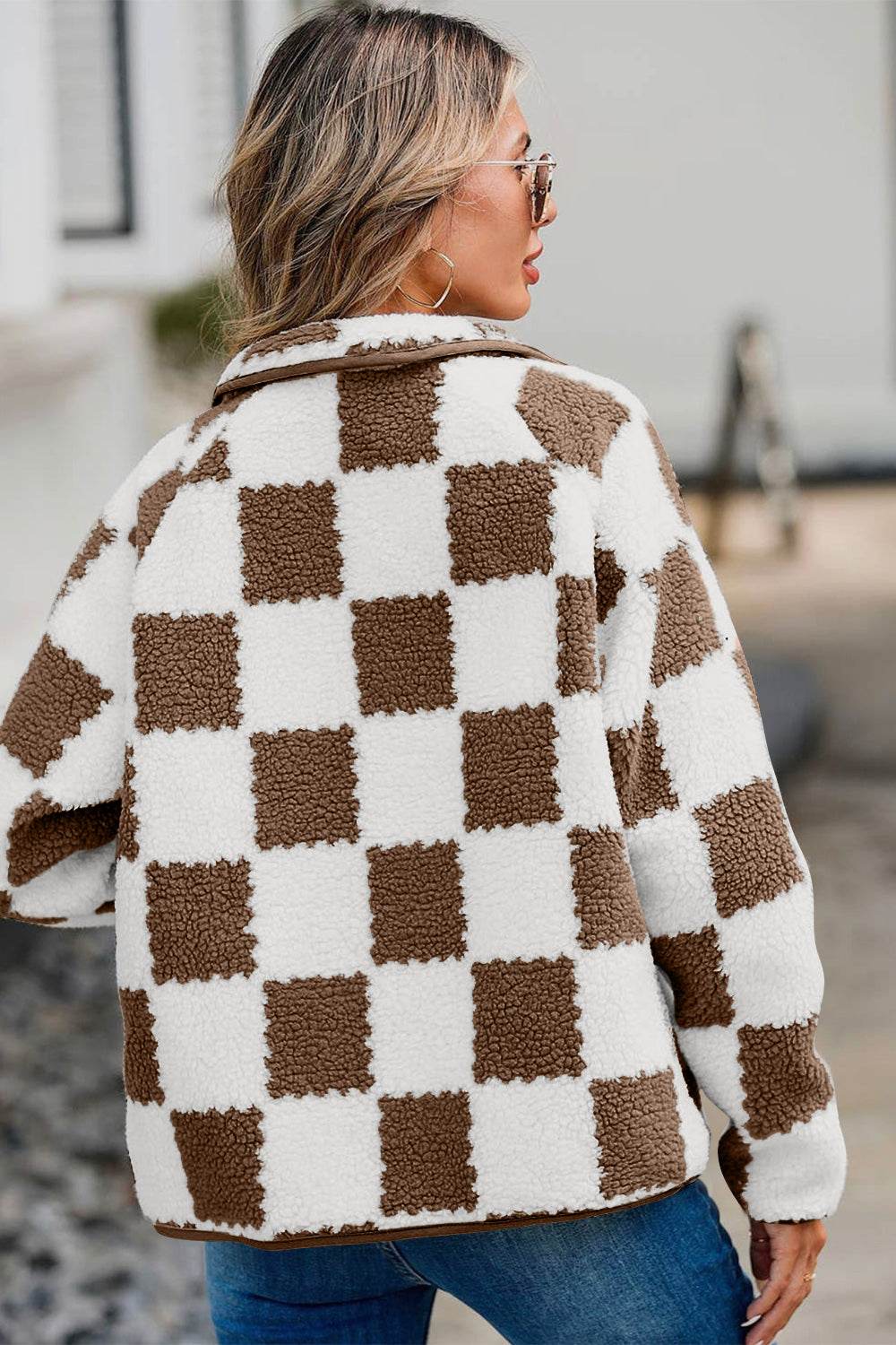 Checkered Snap Down Long Sleeve Teddy Jacket - Delanoir