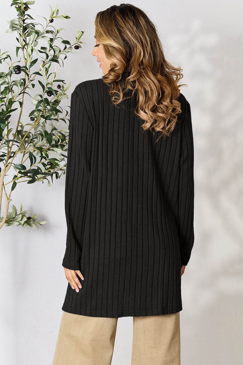 Basic Bae Full Size Ribbed Open Front Cardigan with Pockets - Delanoir