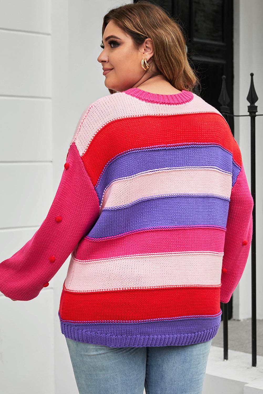 Plus Size Color Block Pom-Pom Trim Sweater - Delanoir