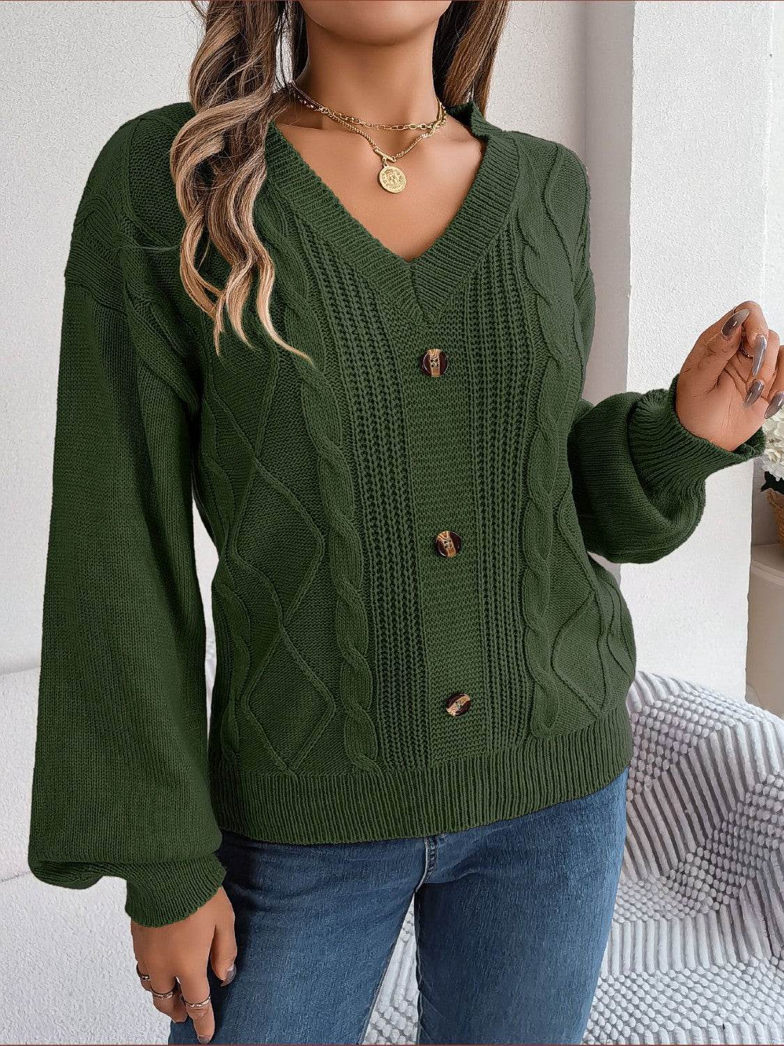 Cable-Knit Buttoned V-Neck Sweater - Delanoir