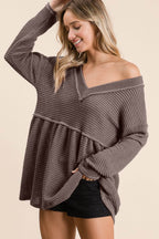 BiBi Waffle Knit V-Neck Babydoll Blouse - Delanoir