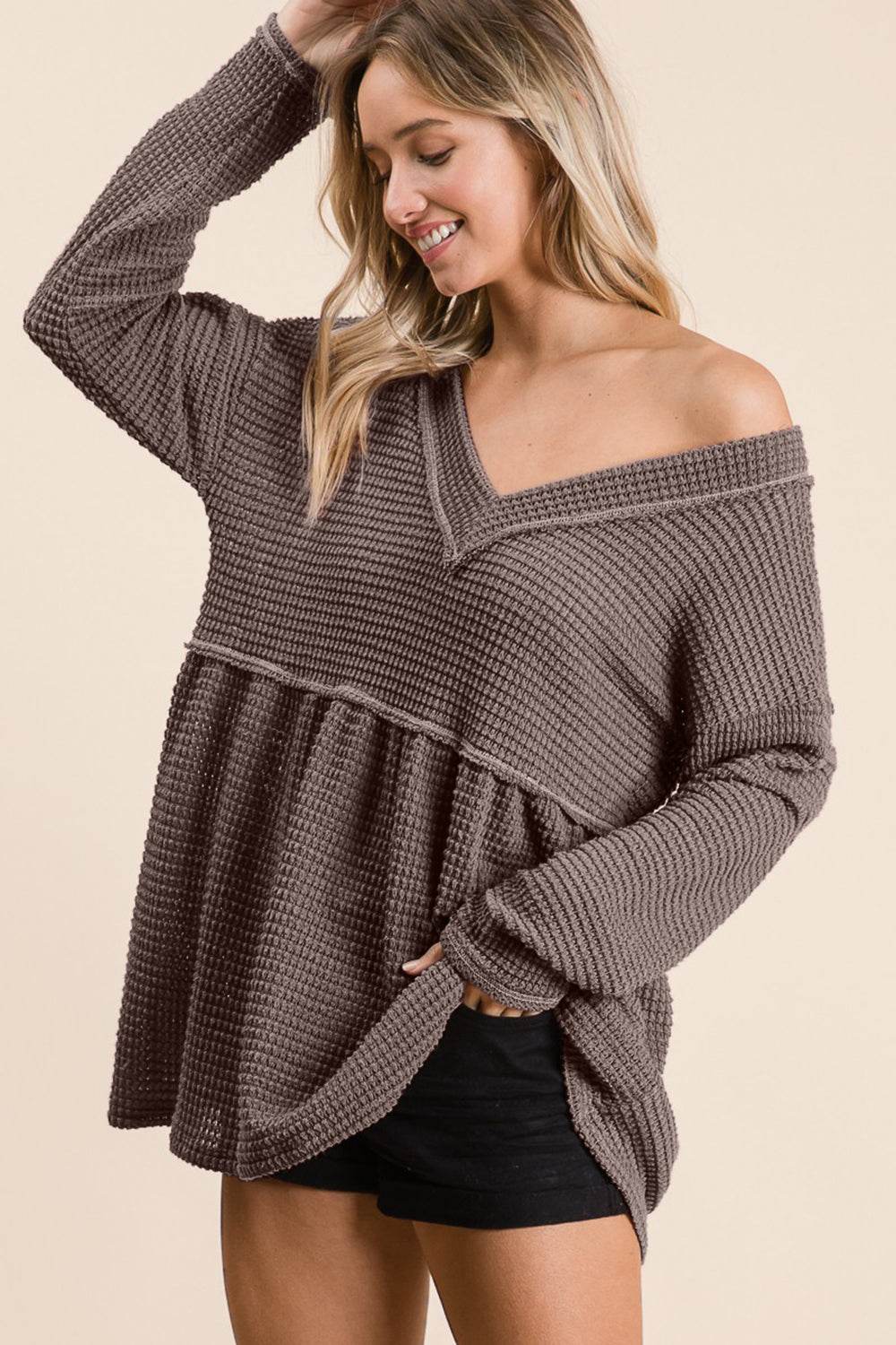 BiBi Waffle Knit V-Neck Babydoll Blouse - Delanoir