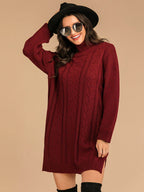 Perfee Slit Turtleneck Long Sleeve Mini Sweater Dress - Delanoir
