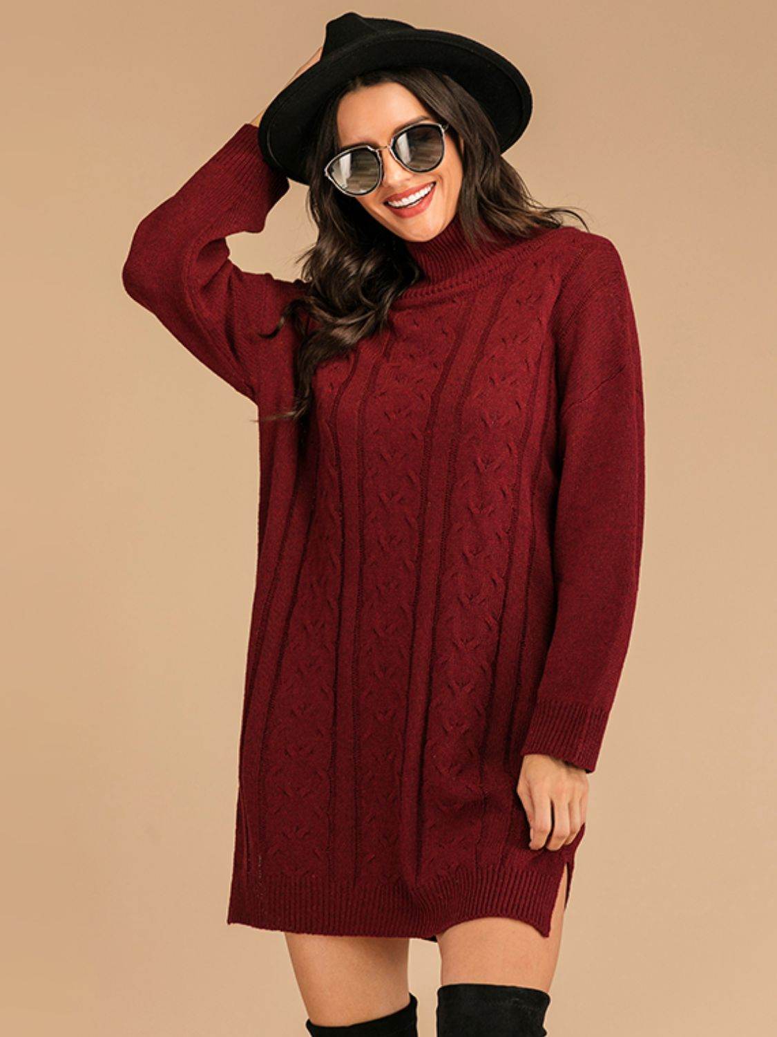 Perfee Slit Turtleneck Long Sleeve Mini Sweater Dress - Delanoir