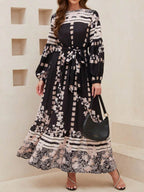 Printed Round Neck Long Sleeve Maxi Dress with Pockets - Delanoir