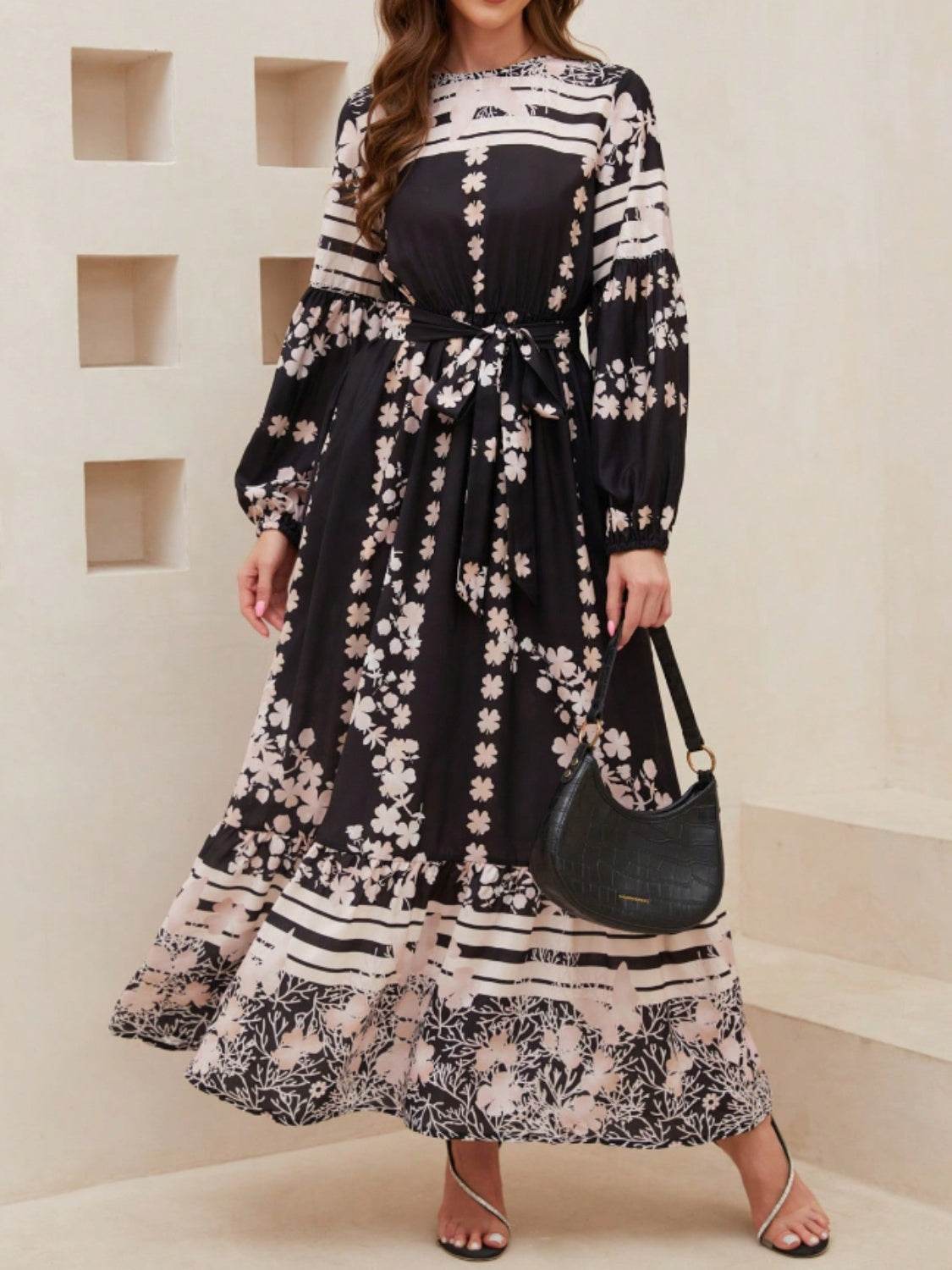 Printed Round Neck Long Sleeve Maxi Dress with Pockets - Delanoir