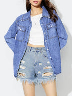 Curved Hem Collared Neck Denim Top - Delanoir