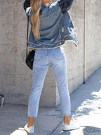 Raw Hem Plaid Sleeve Denim Jacket - Delanoir