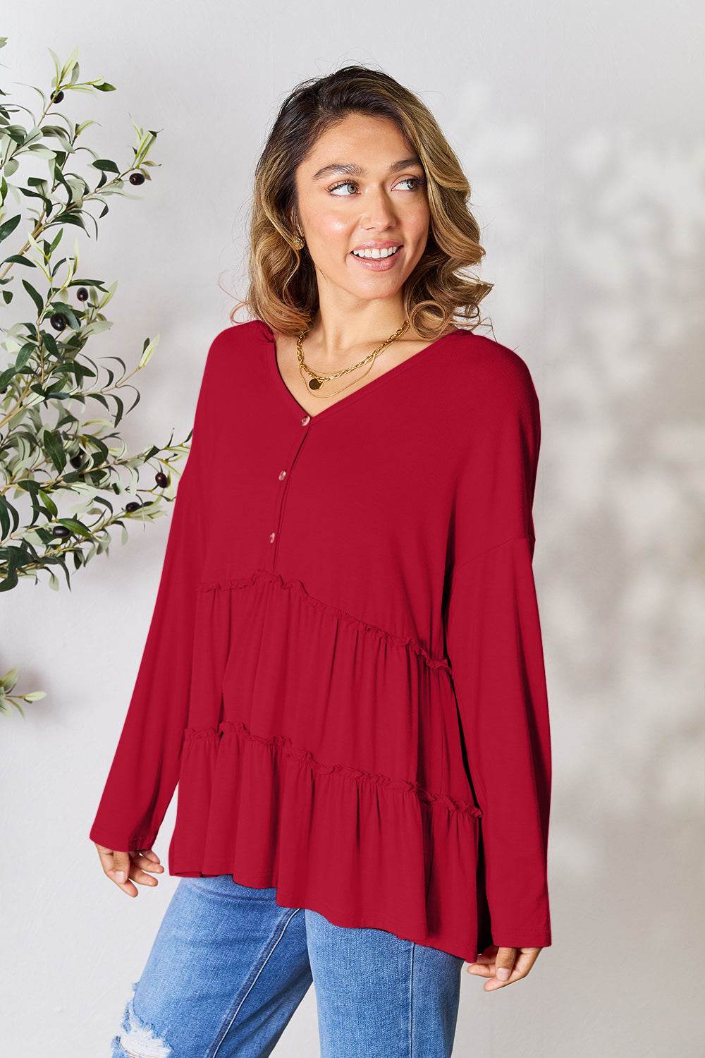 Double Take Half Button Long Sleeve Ruffle Hem Blouse - Delanoir