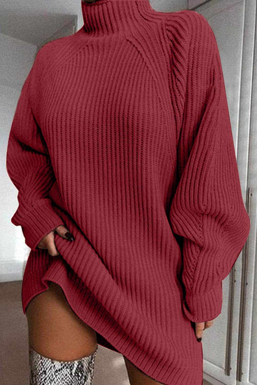 Mock Neck Dropped Shoulder Sweater Dress - Delanoir