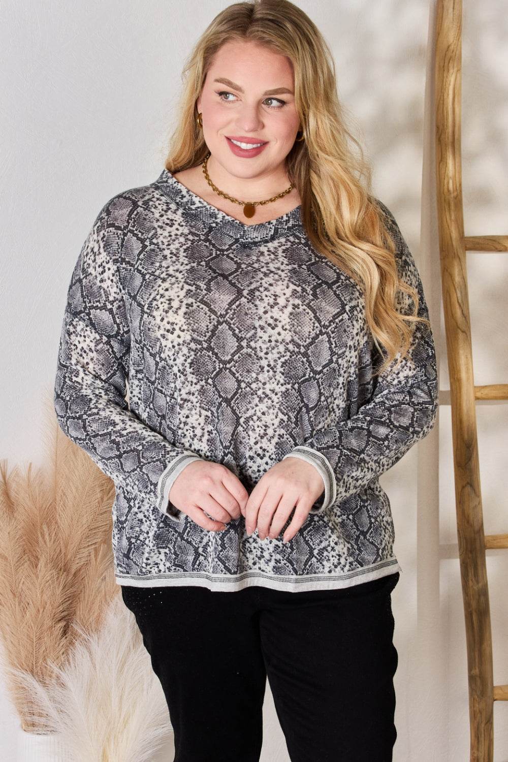 Hailey & Co Full Size Snakeskin V-Neck Long Sleeve Top - Delanoir